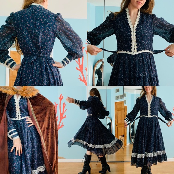 SOLD- Rare Gunne Sax Dark Blue Midi Dress - Picture 2 of 9